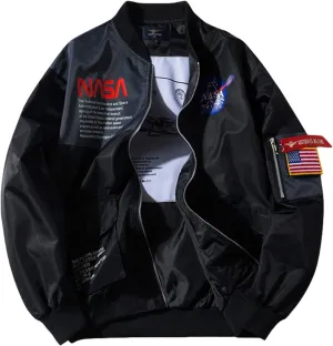 acelyn Men NASA MA-1 Bomber Flight Jacket - Zip Up USA Flag Military Lightweight Windbreaker Coat With Pocket