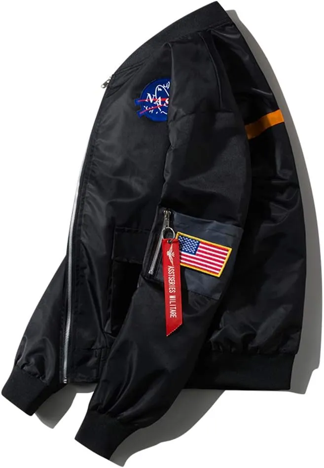 acelyn Men NASA MA-1 Bomber Flight Jacket - Zip Up USA Flag Military Lightweight Windbreaker Coat With Pocket