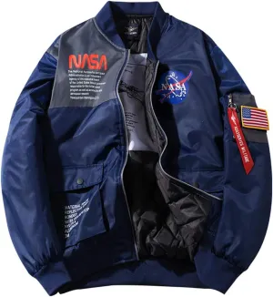 acelyn Men NASA MA-1 Bomber Flight Jacket - Zip Up USA Flag Military Lightweight Windbreaker Coat With Pocket