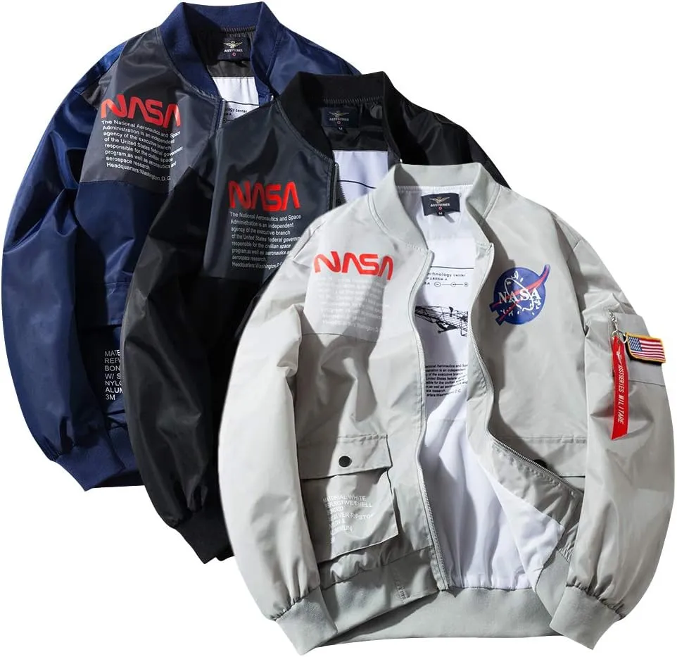 acelyn Men NASA MA-1 Bomber Flight Jacket - Zip Up USA Flag Military Lightweight Windbreaker Coat With Pocket