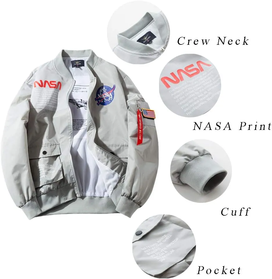 acelyn Men NASA MA-1 Bomber Flight Jacket - Zip Up USA Flag Military Lightweight Windbreaker Coat With Pocket