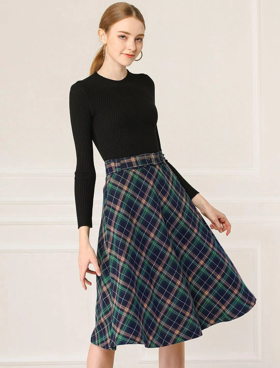 Allegra K Women's Tartan Plaid High Waist Belted Vintage A-Line Midi Skirt