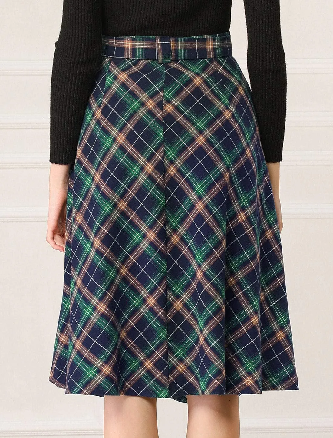 Allegra K Women's Tartan Plaid High Waist Belted Vintage A-Line Midi Skirt
