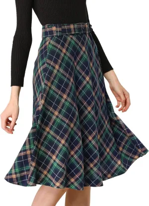 Allegra K Women's Tartan Plaid High Waist Belted Vintage A-Line Midi Skirt