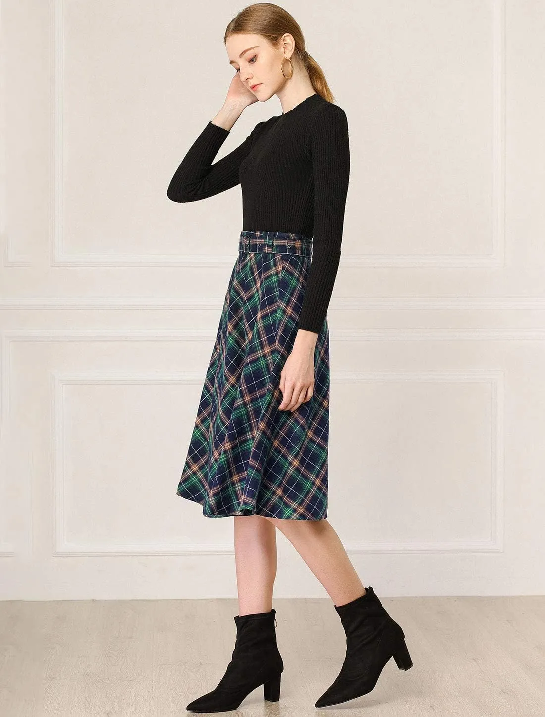 Allegra K Women's Tartan Plaid High Waist Belted Vintage A-Line Midi Skirt