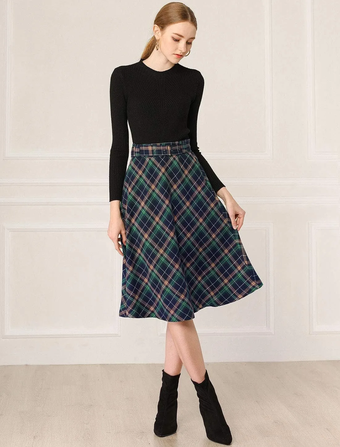 Allegra K Women's Tartan Plaid High Waist Belted Vintage A-Line Midi Skirt