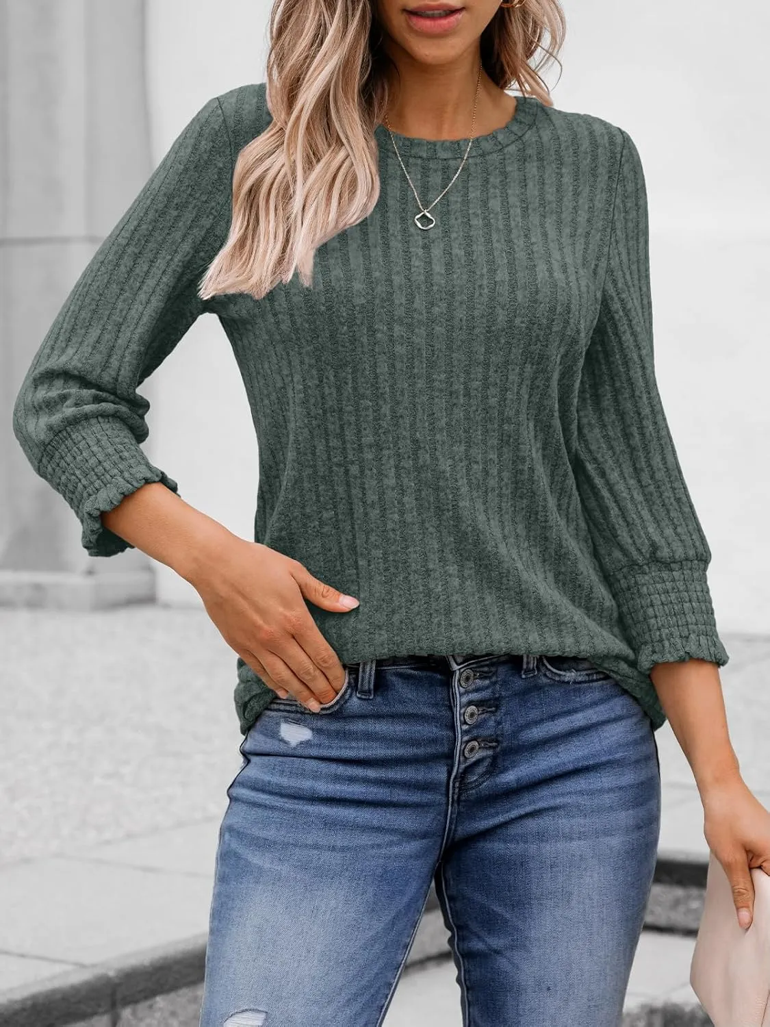 AUTOMET Womens 3/4 Sleeve Tops T Shirts Summer Sweater Round Neck Casual Top Ladies Tops Business Casual Blouses