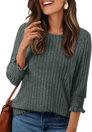 AUTOMET Womens 3/4 Sleeve Tops T Shirts Summer Sweater Round Neck Casual Top Ladies Tops Business Casual Blouses