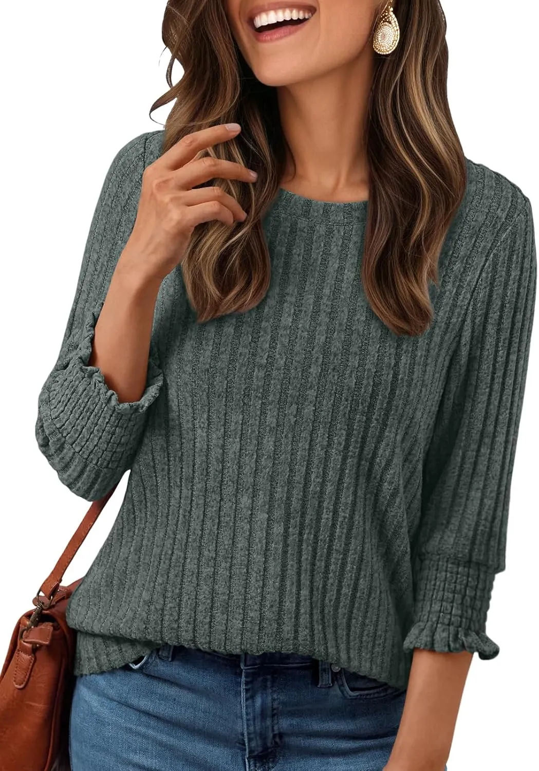 AUTOMET Womens 3/4 Sleeve Tops T Shirts Summer Sweater Round Neck Casual Top Ladies Tops Business Casual Blouses