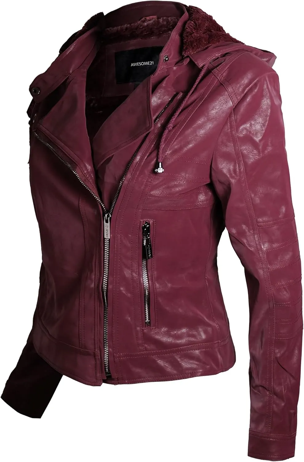 Awesome21 Women's Women's Classic Leather Moto Jacket with Furry Lining and Double Belt