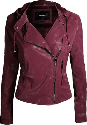 Awesome21 Women's Women's Classic Leather Moto Jacket with Furry Lining and Double Belt