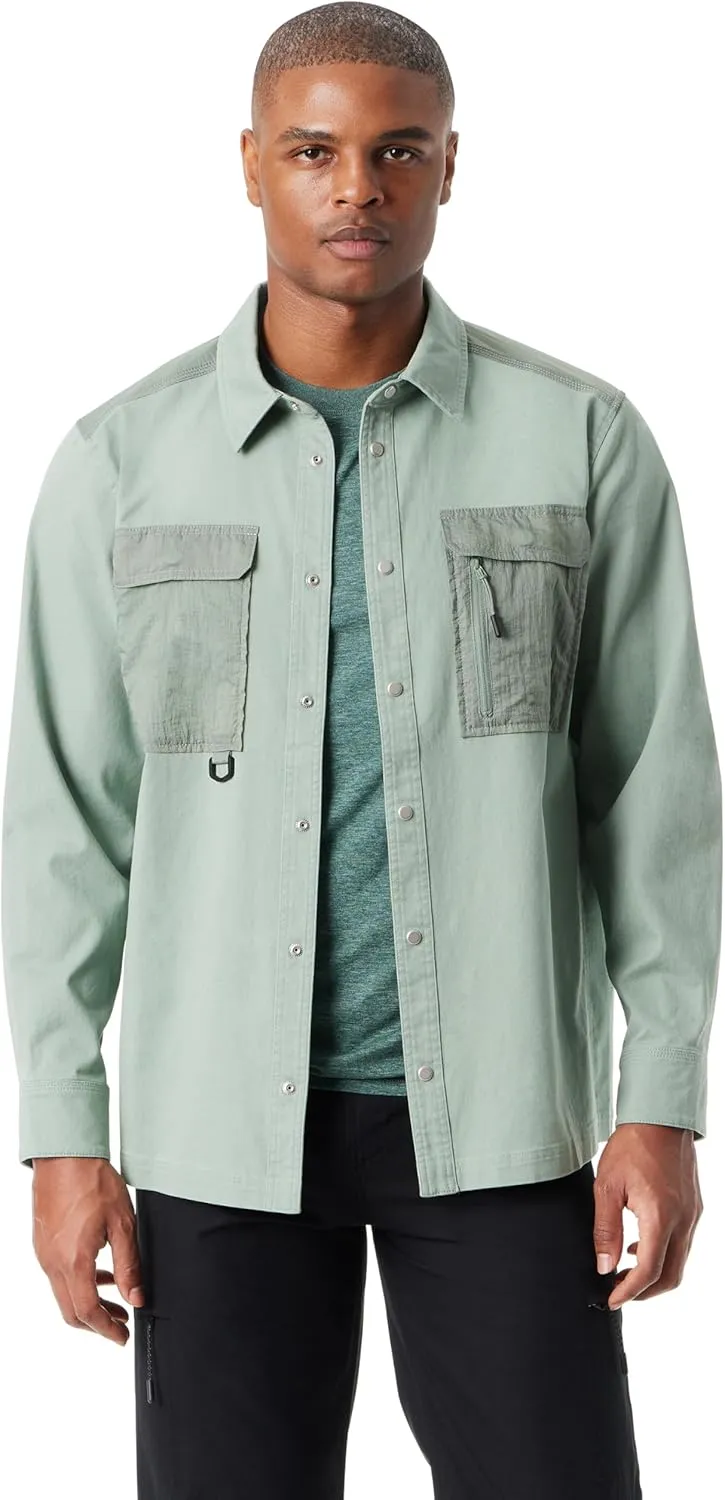 BASS OUTDOOR Men's Stretch Worker Snap Front Shacket with Double Chest Pockets Standard