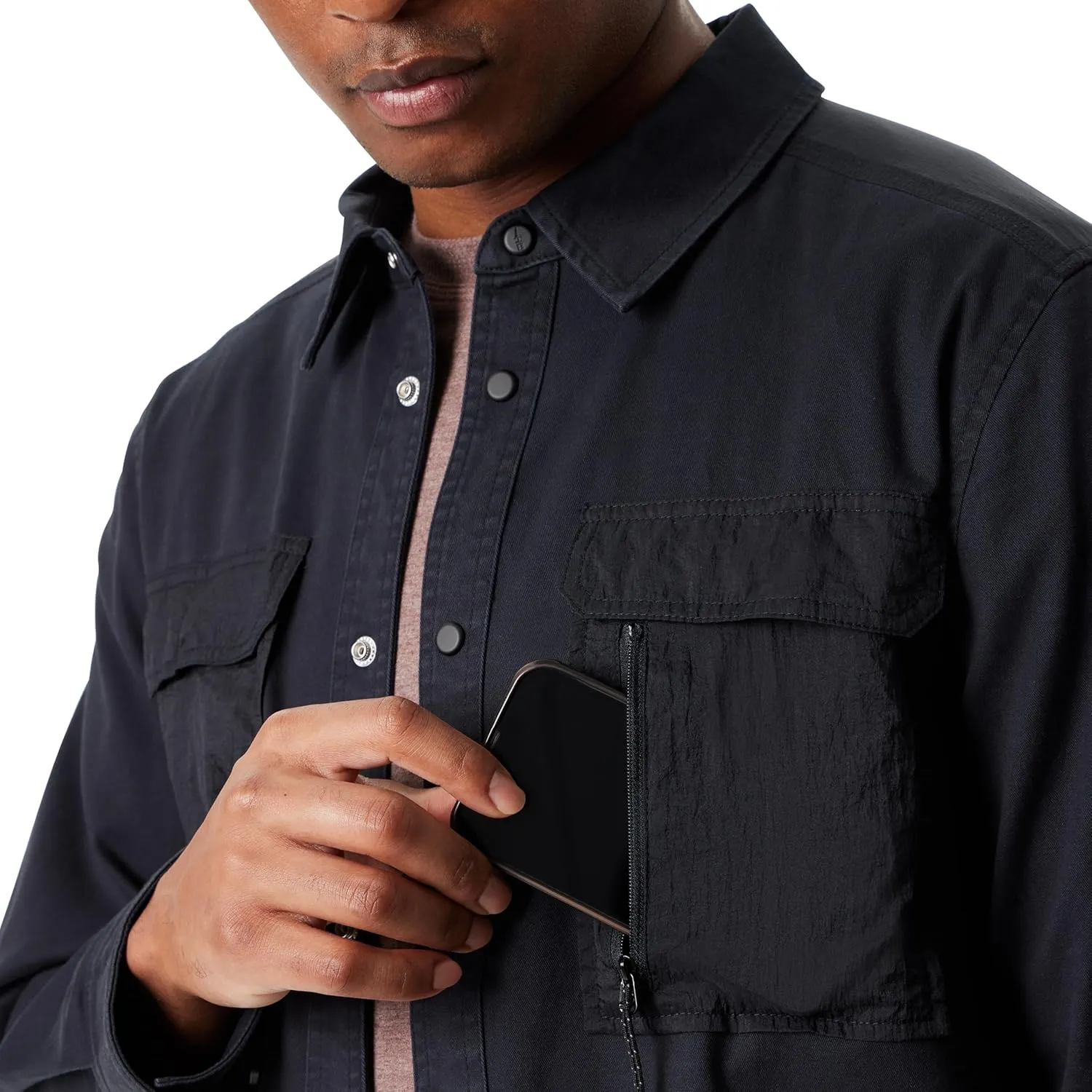 BASS OUTDOOR Men's Stretch Worker Snap Front Shacket with Double Chest Pockets Standard