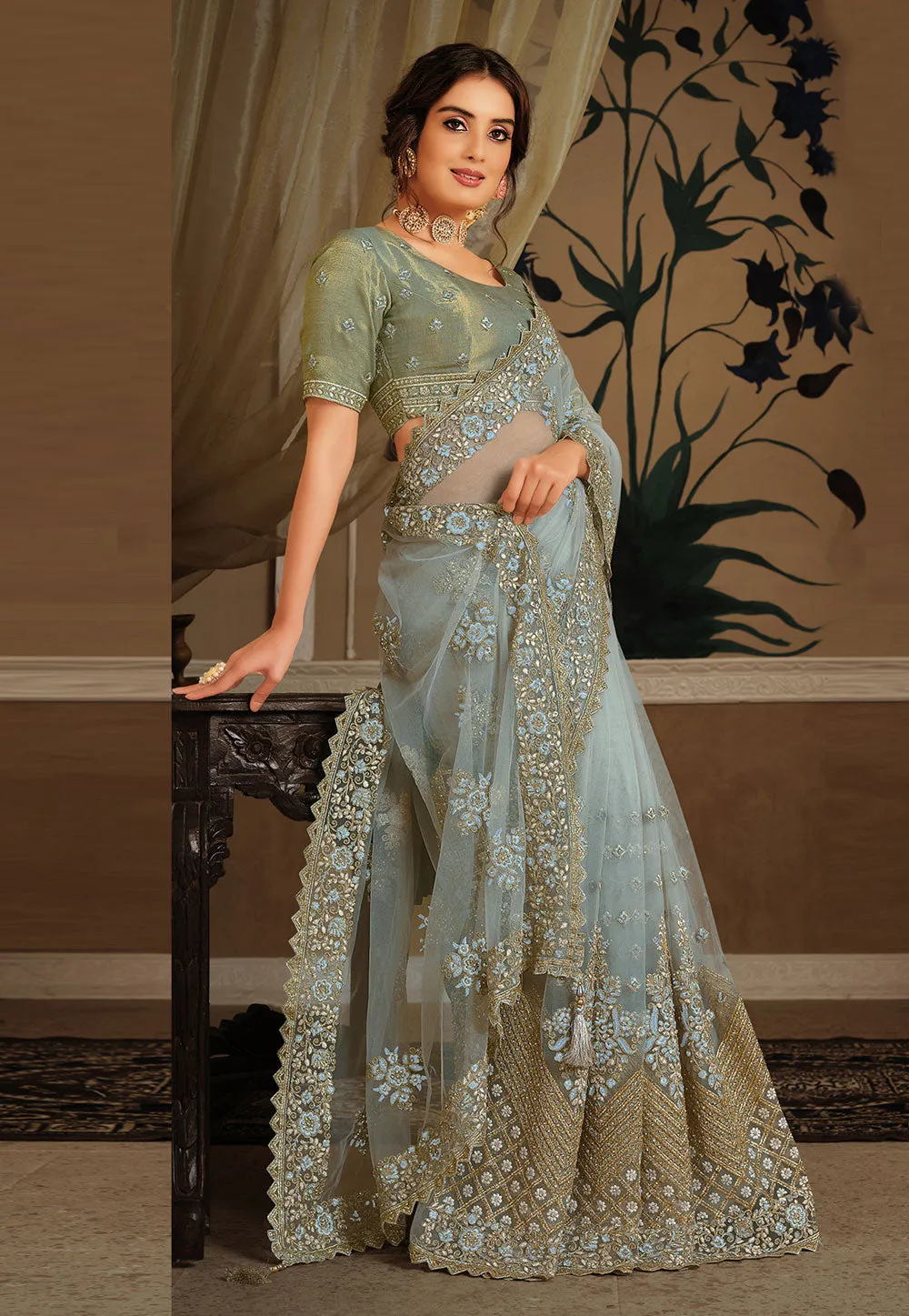 Bluish Grey Embroidered Saree