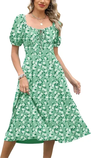 Caracilia Women Summer Boho Midi Dresses Puff Sleeve Square Neck Floral Bridal Shower Wedding Guest Flowy Sundress