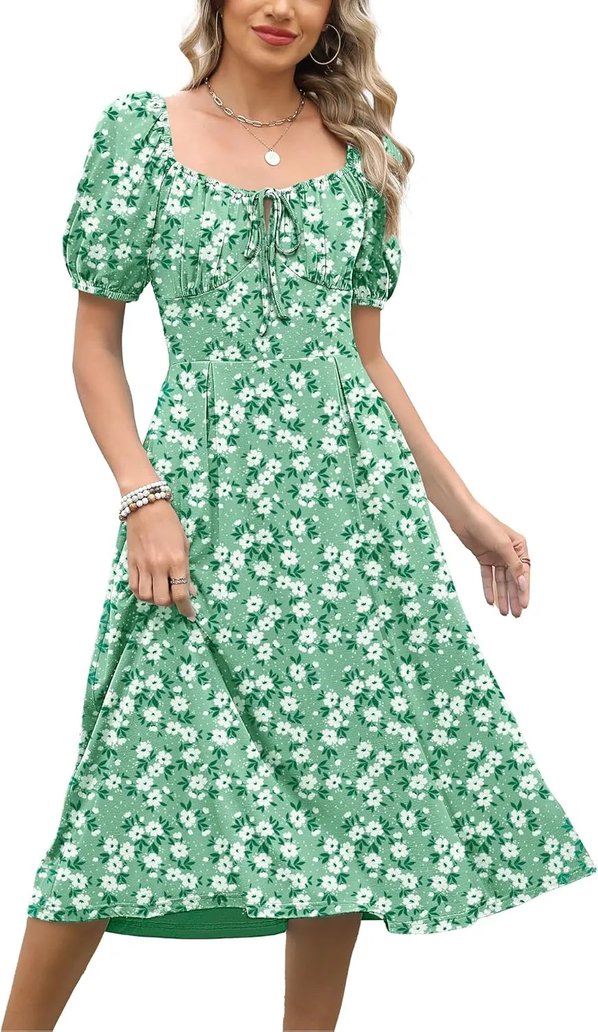 Caracilia Women Summer Boho Midi Dresses Puff Sleeve Square Neck Floral Bridal Shower Wedding Guest Flowy Sundress