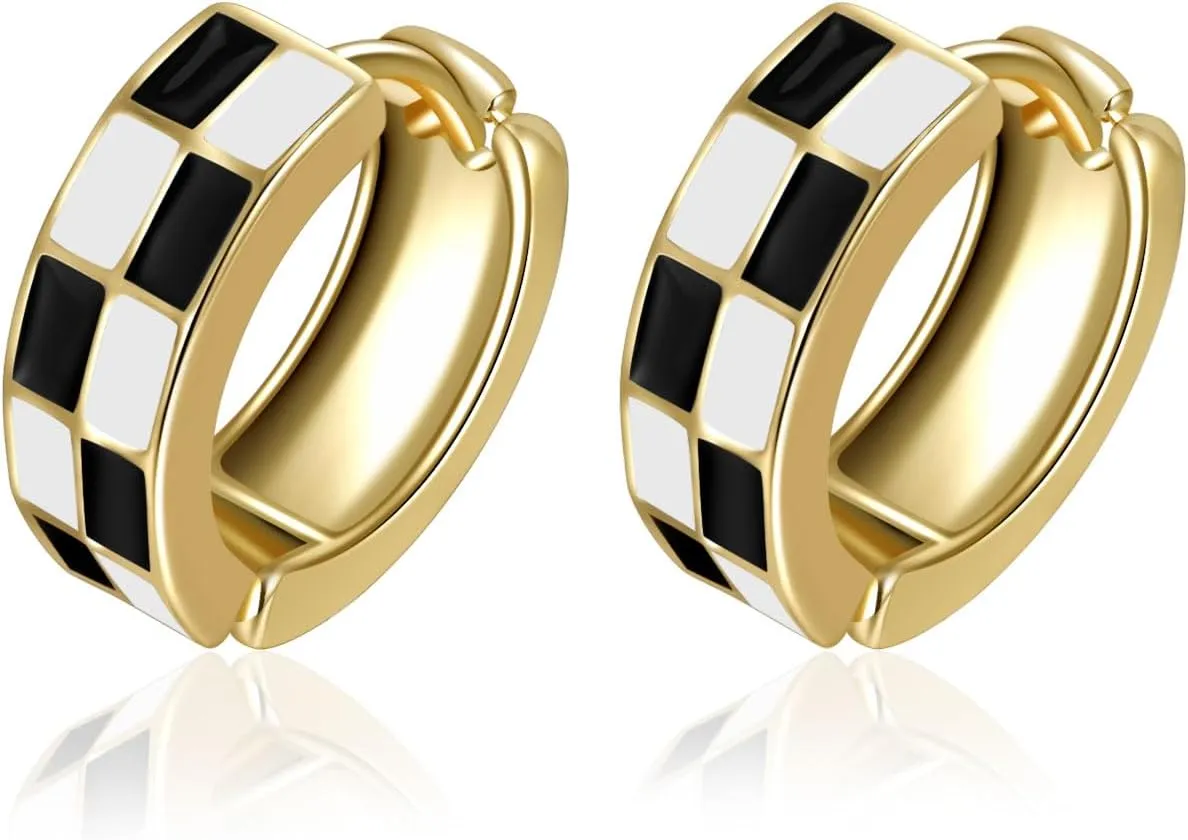 Chic Checker Small Hoop Cartilage Earrings for womenWhite Black Enamel Hypoallergenic Hooped Gifts Gold tone
