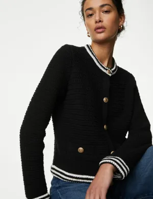 Cotton Blend Textured Crew Neck Cardigan