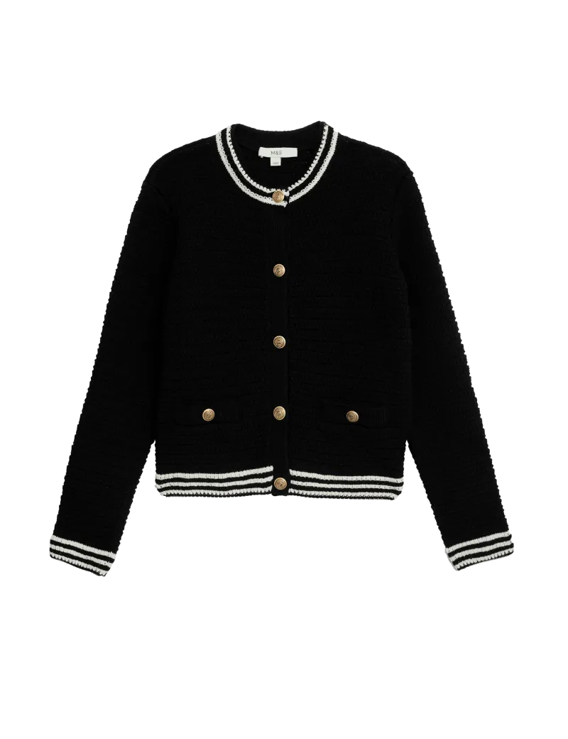 Cotton Blend Textured Crew Neck Cardigan