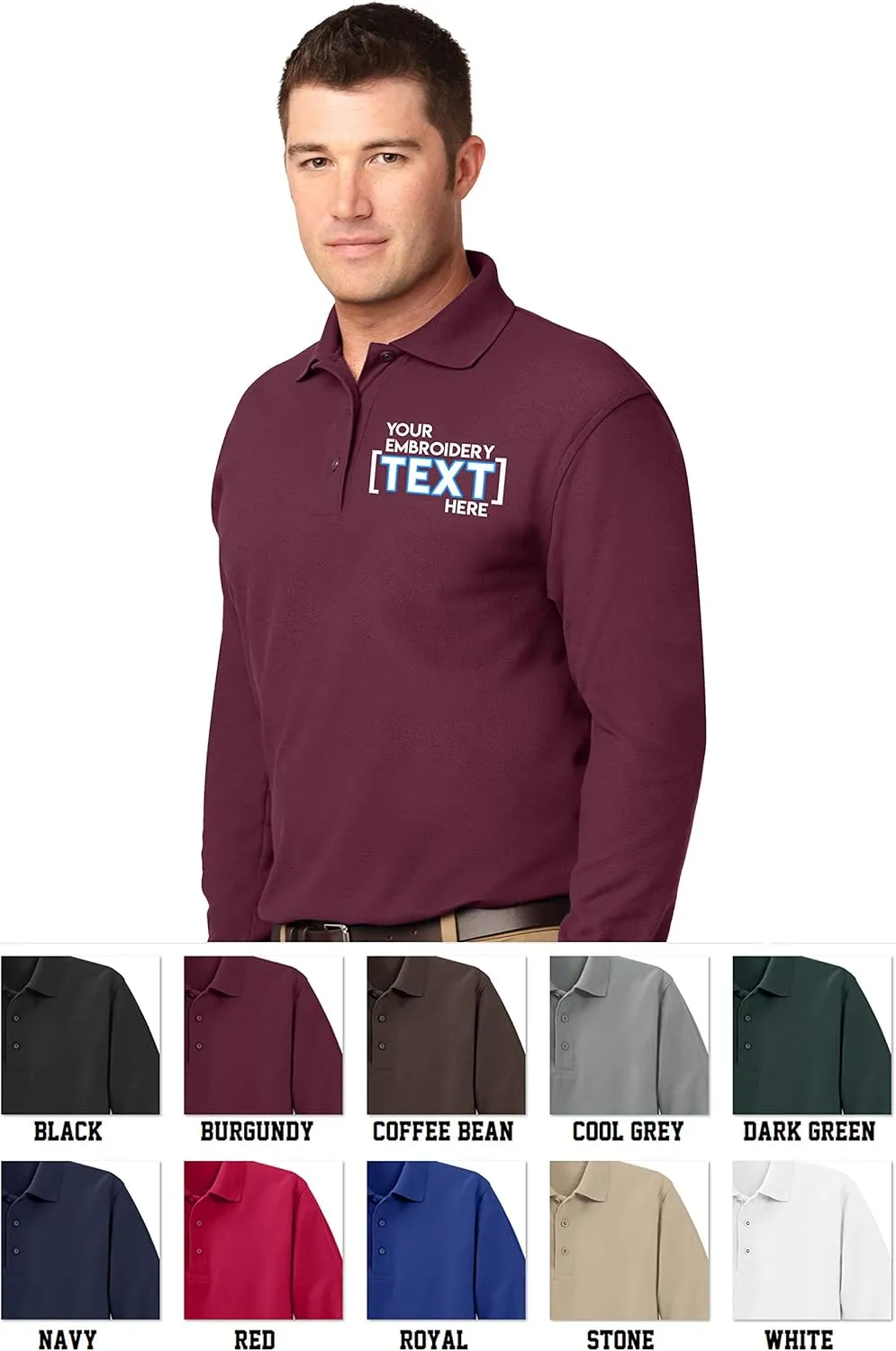Custom Embroidered Mens Long Sleeve Polo Shirts - Personalized Embroidery Polo Tees