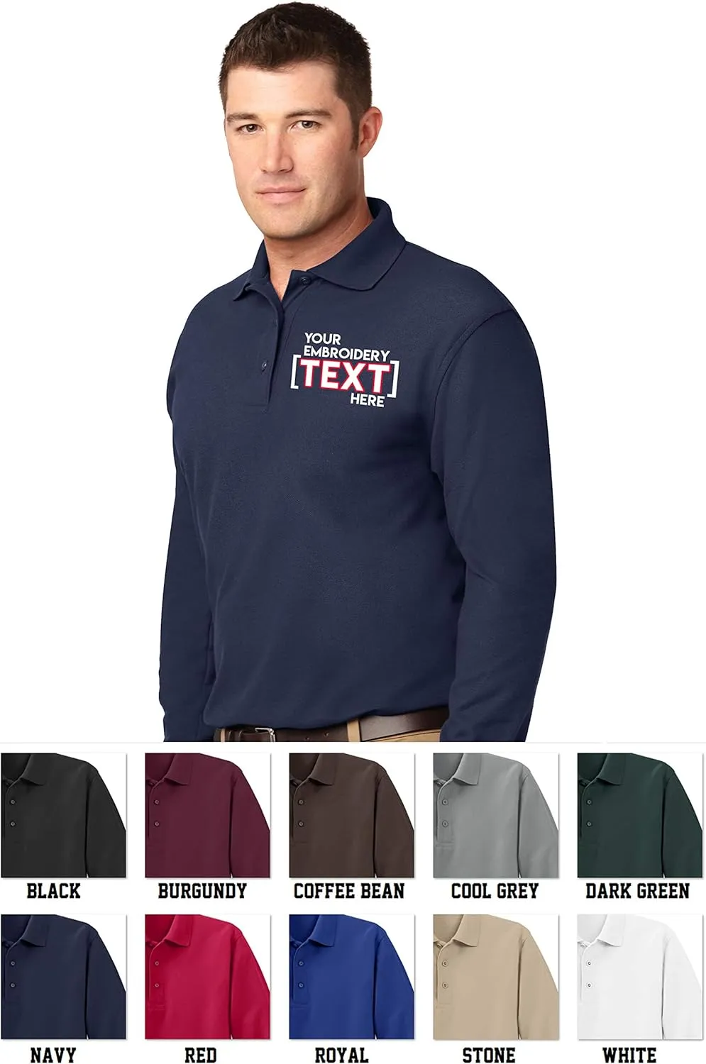 Custom Embroidered Mens Long Sleeve Polo Shirts - Personalized Embroidery Polo Tees