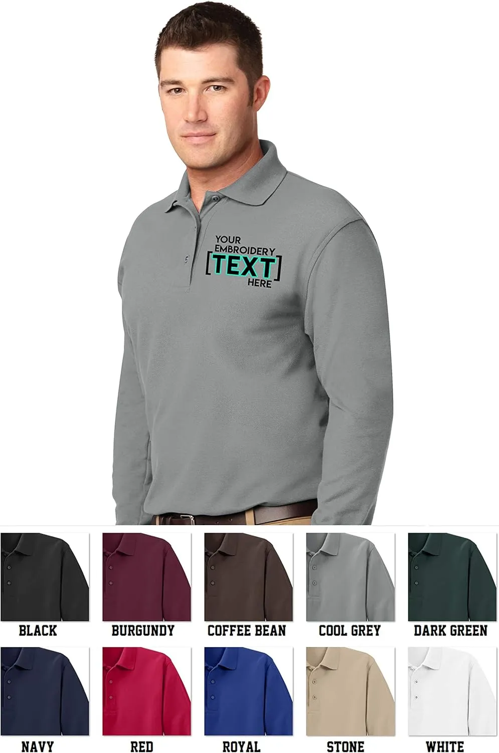 Custom Embroidered Mens Long Sleeve Polo Shirts - Personalized Embroidery Polo Tees