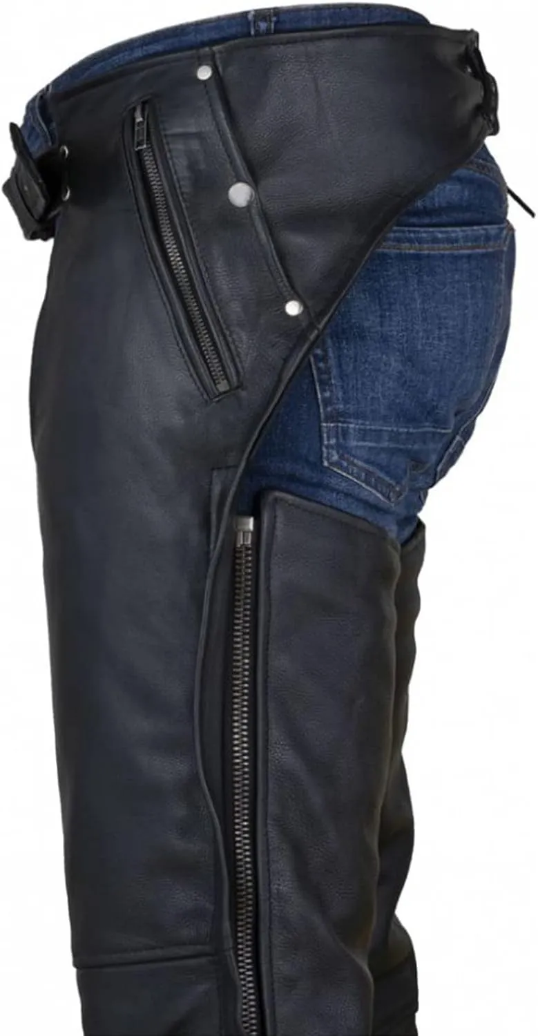 Dream Apparel Black Motorcycle Leather Chaps for Men Women Riding with Zip Out Liner, Cowboy Biker Chap Pants W/Four Pockets