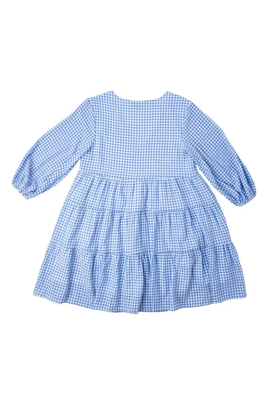 Gingham V-Neck Bubble Sleeve Tiered Dress