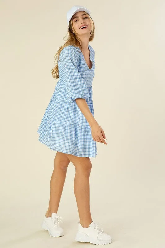 Gingham V-Neck Bubble Sleeve Tiered Dress
