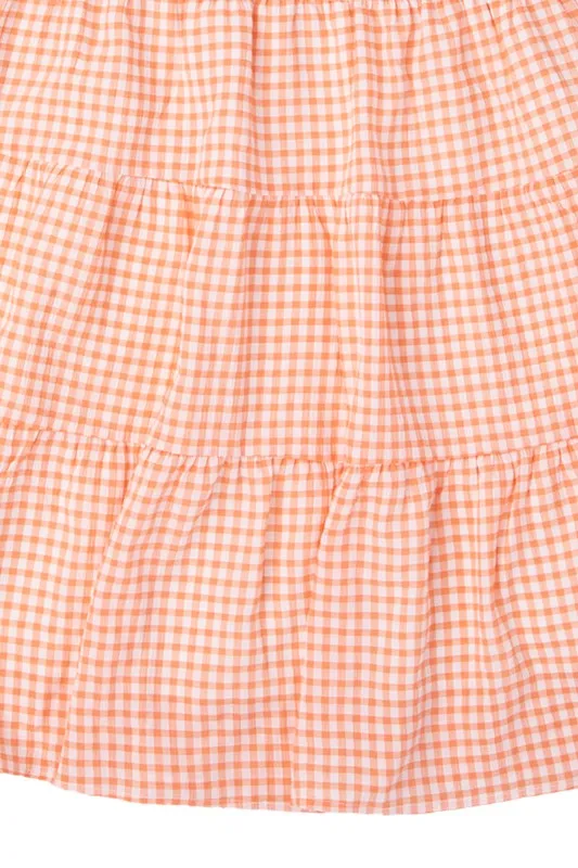 Gingham V-Neck Bubble Sleeve Tiered Dress