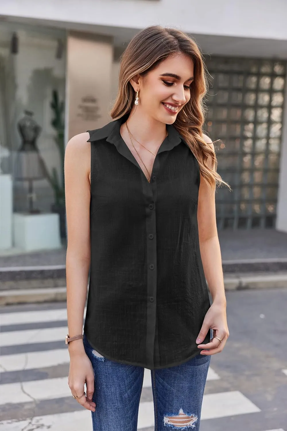 HOTOUCH Womens Sleeveless Button Down Shirt Collared Cotton Linen Blouse Casual Office Shirts Basic Tank Top