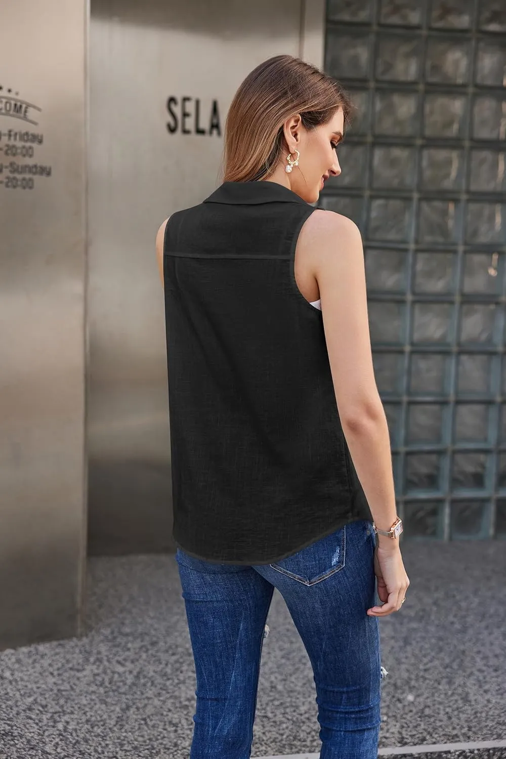 HOTOUCH Womens Sleeveless Button Down Shirt Collared Cotton Linen Blouse Casual Office Shirts Basic Tank Top