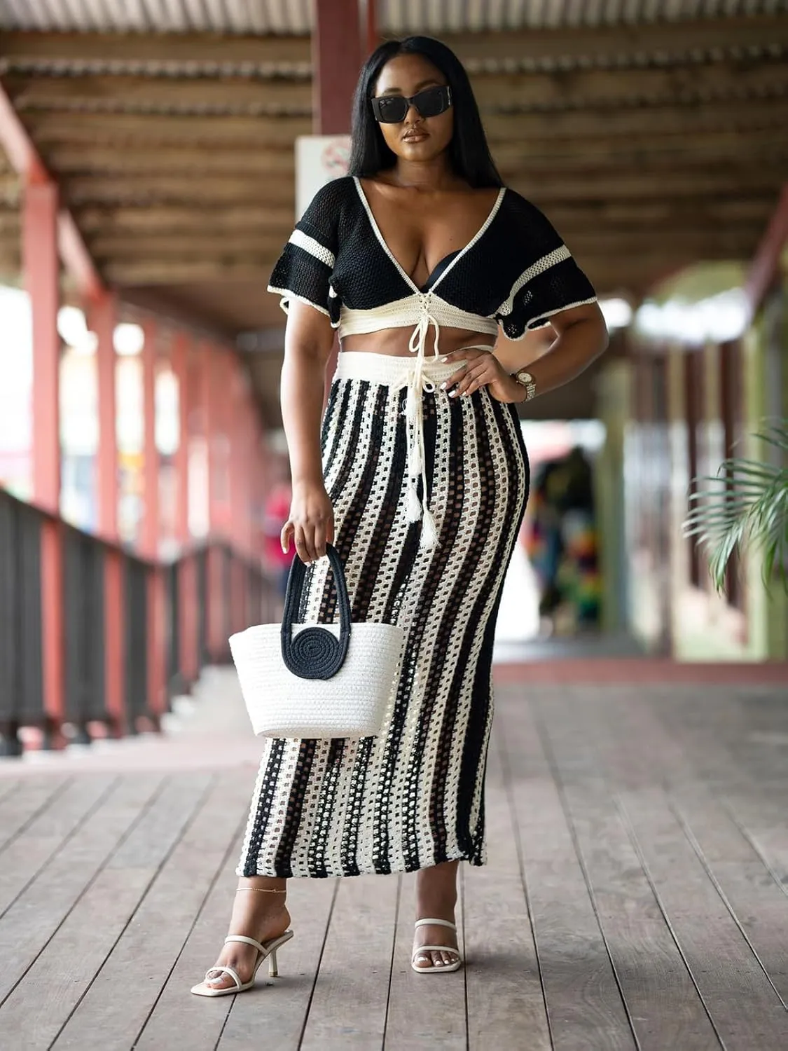 KANSOON Crochet Skirt Sets Women 2 Piece Outfits Knit Striped Hollow Out Short Sleeve V Neck Drawstring Top Maxi Skirts Set