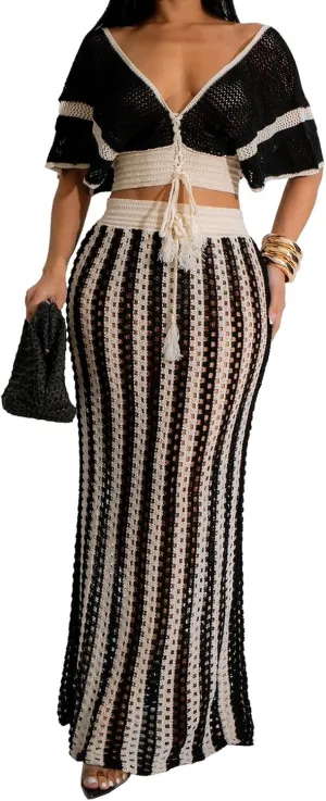 KANSOON Crochet Skirt Sets Women 2 Piece Outfits Knit Striped Hollow Out Short Sleeve V Neck Drawstring Top Maxi Skirts Set