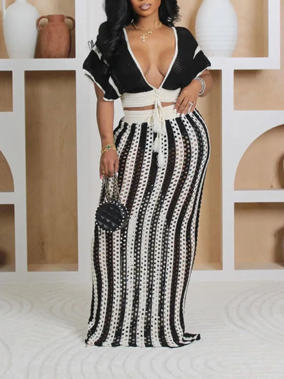 KANSOON Crochet Skirt Sets Women 2 Piece Outfits Knit Striped Hollow Out Short Sleeve V Neck Drawstring Top Maxi Skirts Set