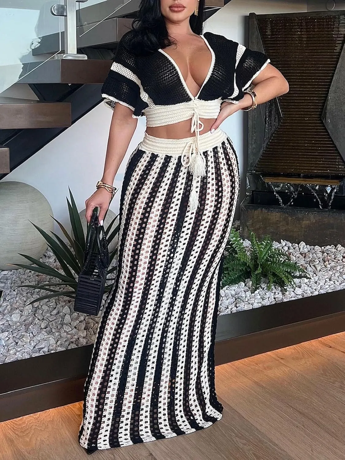 KANSOON Crochet Skirt Sets Women 2 Piece Outfits Knit Striped Hollow Out Short Sleeve V Neck Drawstring Top Maxi Skirts Set