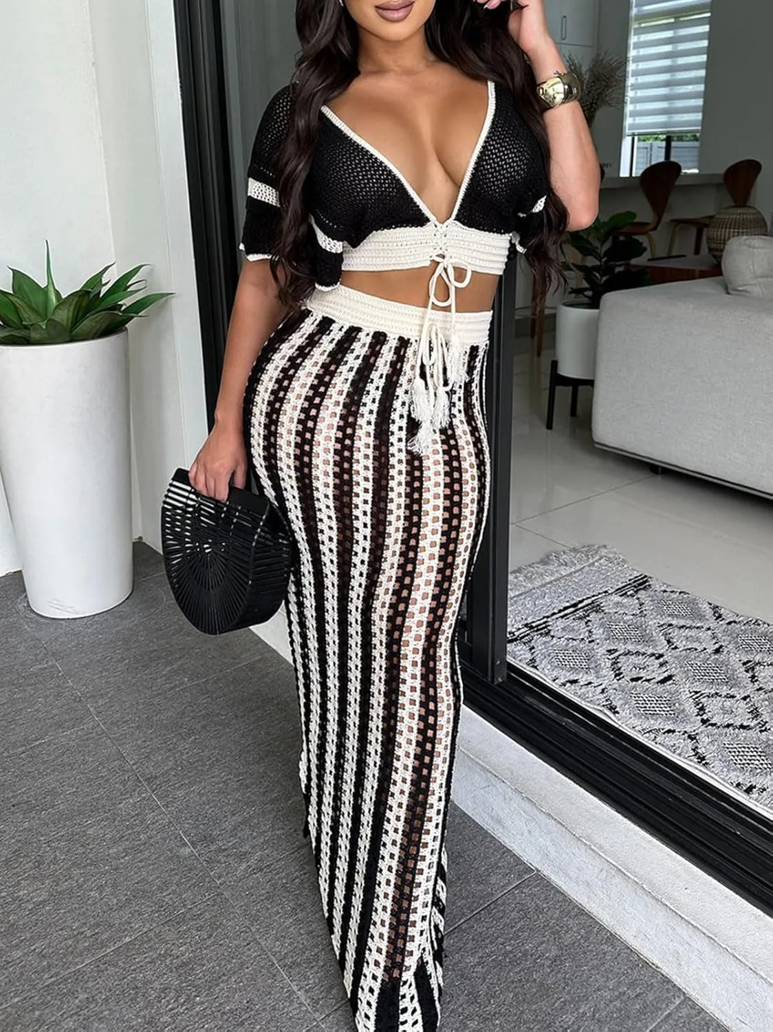 KANSOON Crochet Skirt Sets Women 2 Piece Outfits Knit Striped Hollow Out Short Sleeve V Neck Drawstring Top Maxi Skirts Set