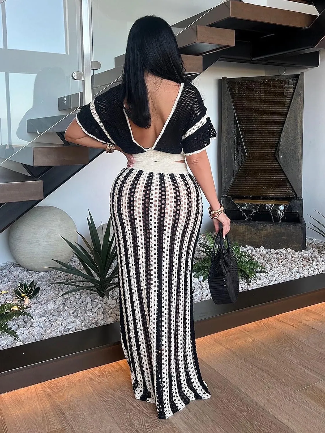 KANSOON Crochet Skirt Sets Women 2 Piece Outfits Knit Striped Hollow Out Short Sleeve V Neck Drawstring Top Maxi Skirts Set