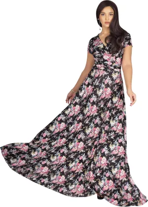 KOH KOH Womens 2025 Long Maxi Summer Floral Print Short Sleeve Flowy Modest Maxi Dress Gown