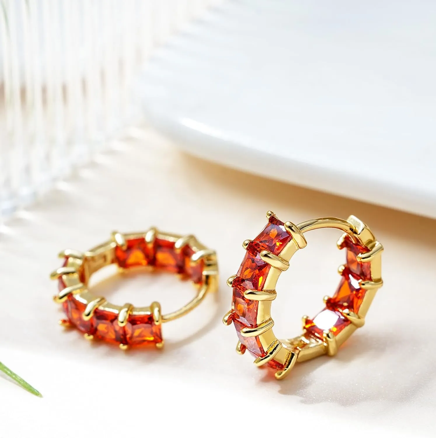 Mesovor Cubic Zirconia Gold Hoop Earrings for Women Trendy, 18K Gold Plated Lightweight Huggie Hoops Earrings | Green Black Red Stones CZ Earrings Jewelry