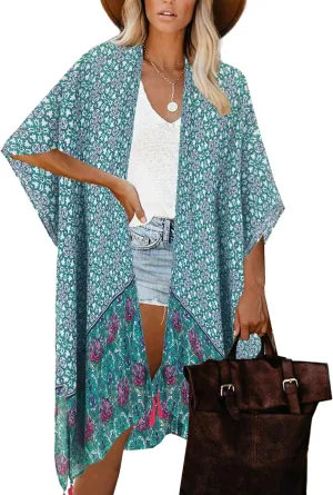 Moss Rose Women's Beach Cover up Swimsuit Kimono with Bohemian Floral Print, Loose Casual Resort Wear
