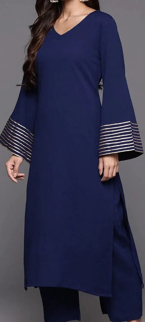 Navy Blue Silk Crepe Suit Set In Gota Patti With Chiffon Silk Dupatta
