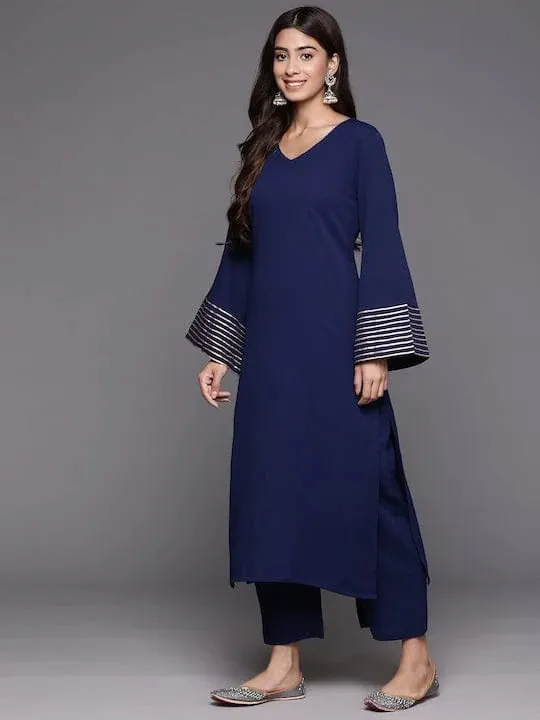 Navy Blue Silk Crepe Suit Set In Gota Patti With Chiffon Silk Dupatta