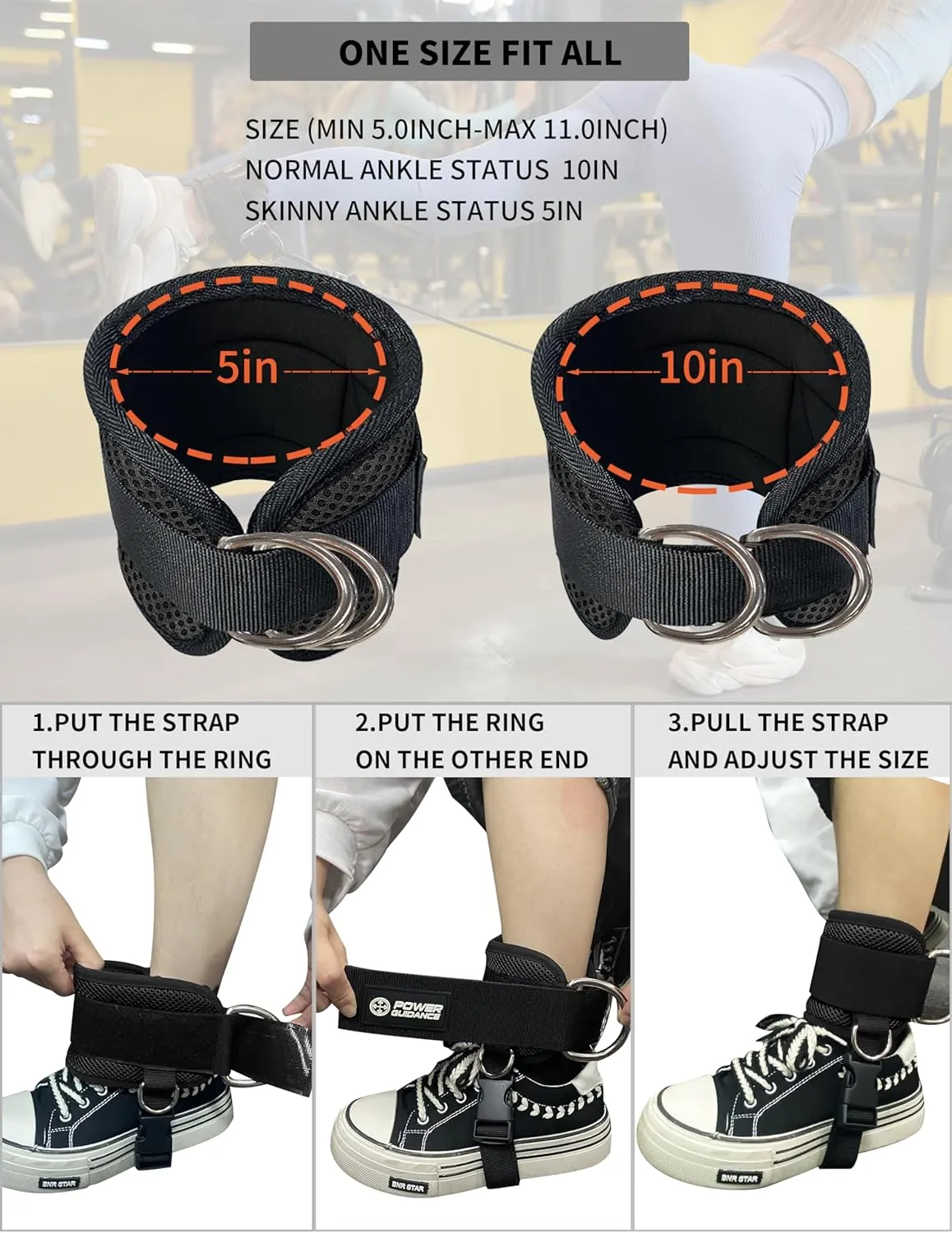 POWER GUIDANCE Ankle Strap for Cable Machine Professional Kickback Ankle Strap for Glute Workouts, Leg Extensions - Adjustable Strap with D-Rings
