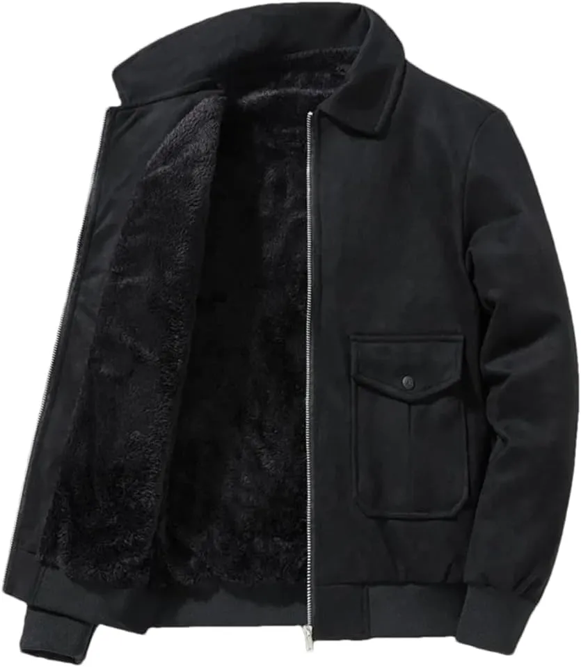 REHJJDFD Thermal Leather Jacket For Men Winter Warm Fleece Lined Coat Suede Outdoor Top Zipper Windbreaker