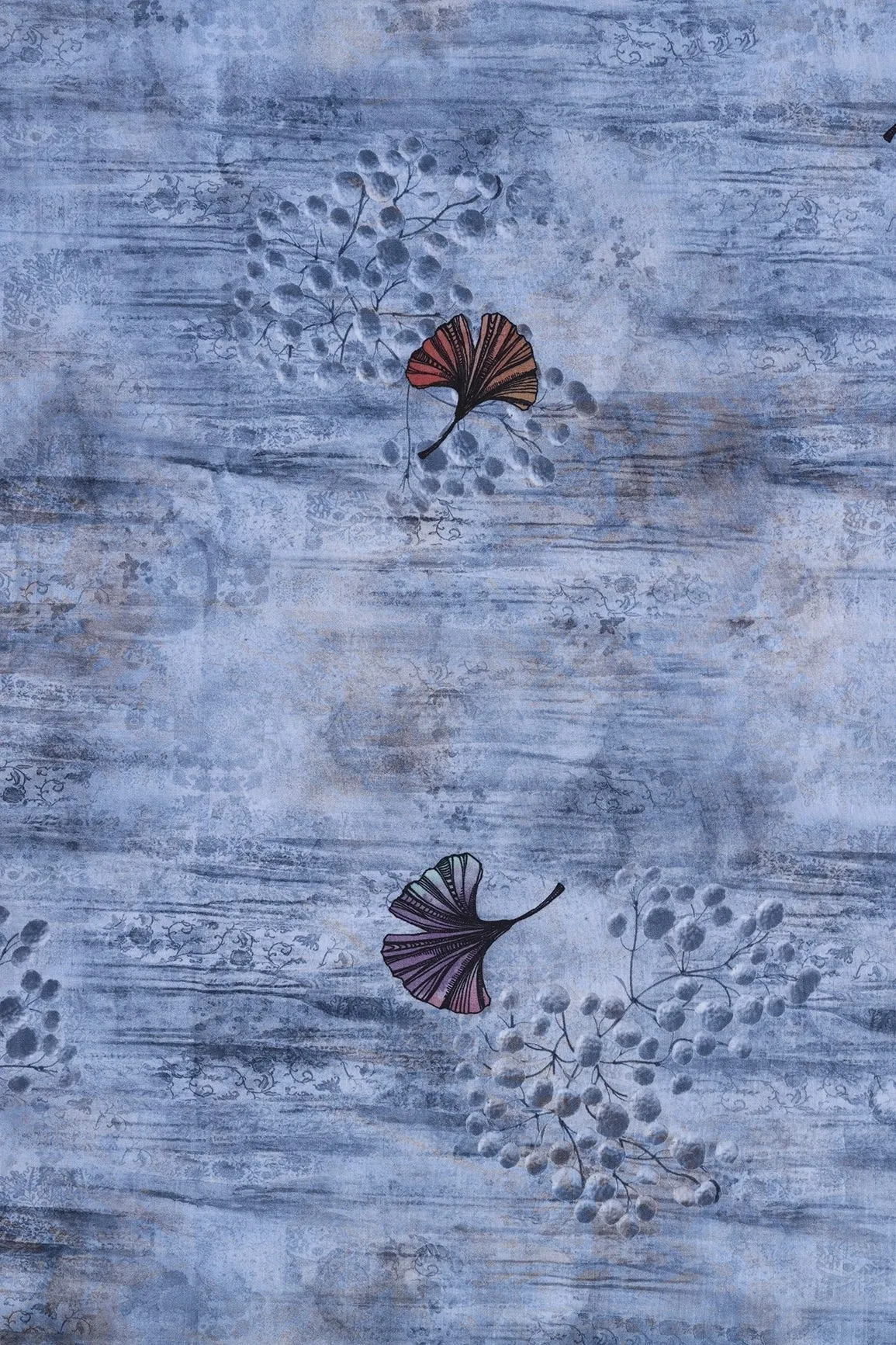 Sky Blue Floral Pattern Digital Print On Heavy Multi Polyester Fabric