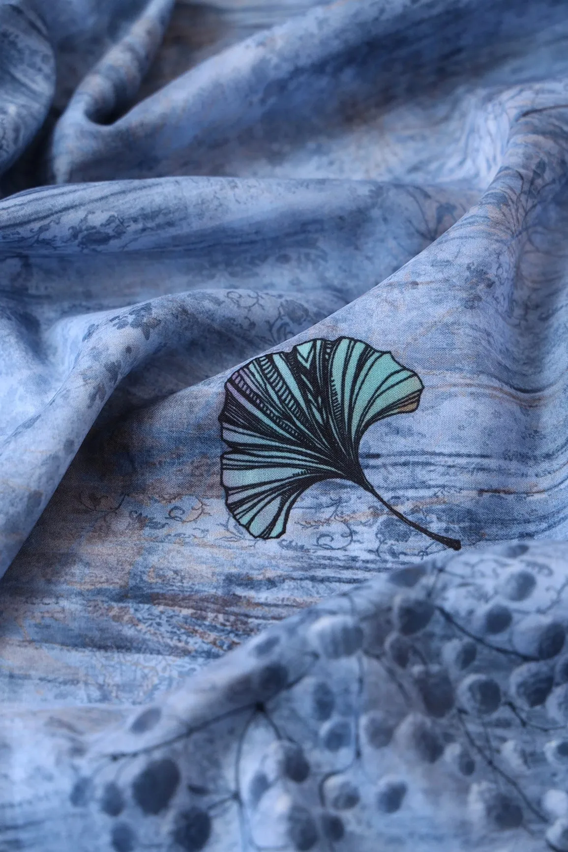 Sky Blue Floral Pattern Digital Print On Heavy Multi Polyester Fabric
