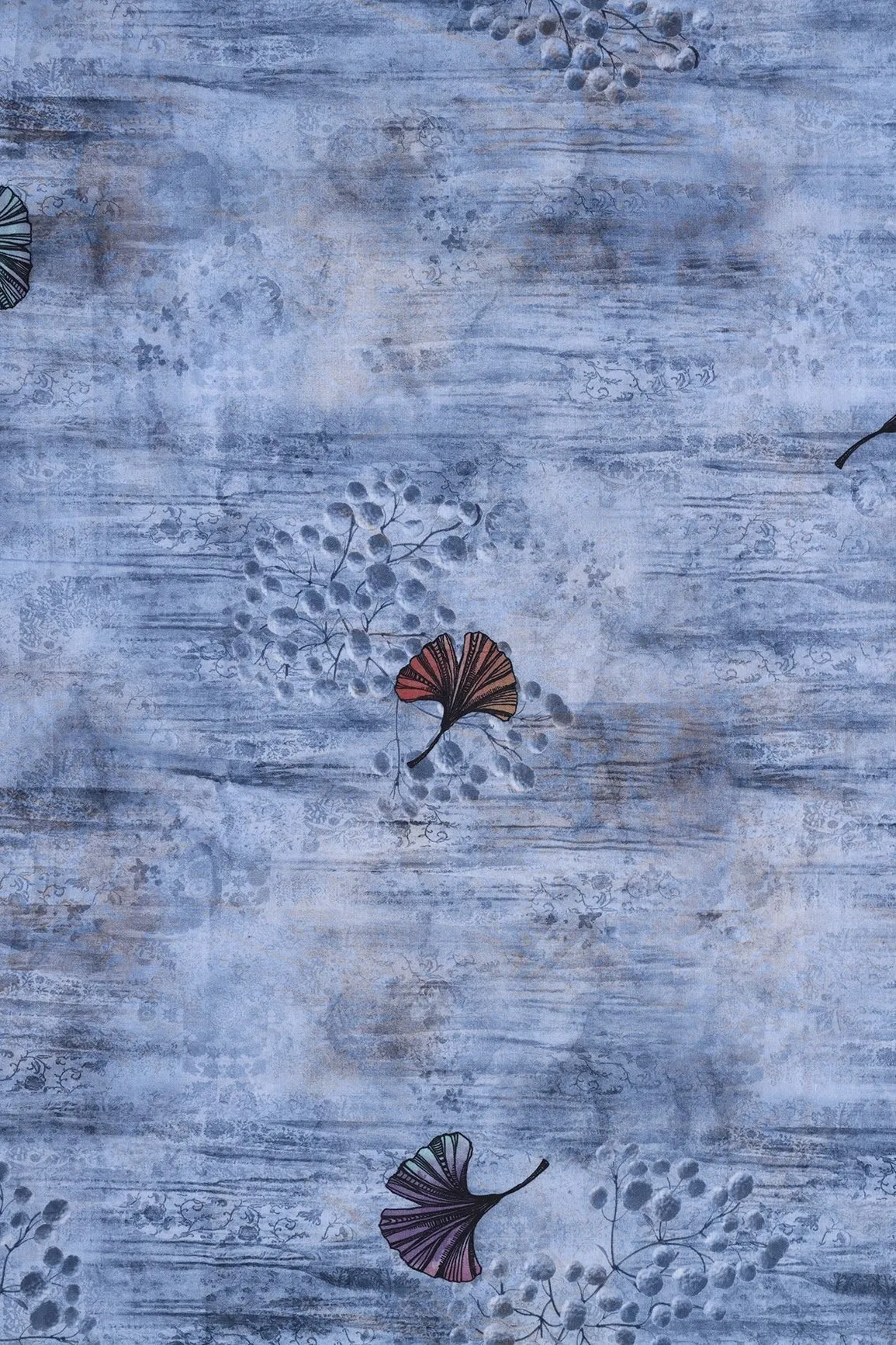 Sky Blue Floral Pattern Digital Print On Heavy Multi Polyester Fabric