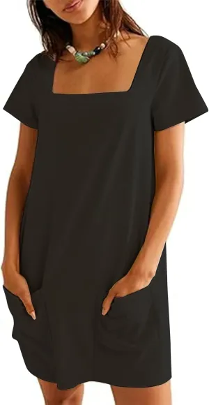 Wanzetaly Women's Green Casual Mini Dress with Square Neck, Short Sleeves, Pockets, Above Knee Length