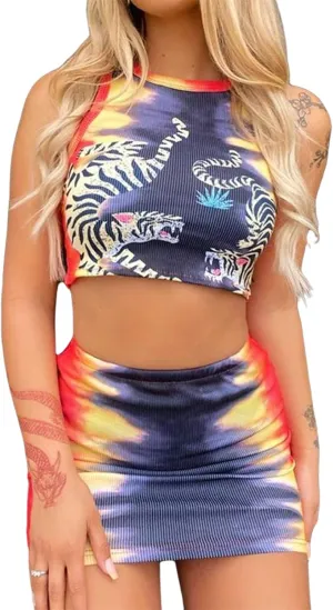 Women Sexy Bodycon Mini Skirt Set Crisscross Halter Cutout Tank Crop Top Two Piece Outfit Bandage Dress Clubwear